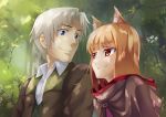  1boy 1girl absurdres animal_ears aoi_(buzhuen444) brown_hair craft_lawrence grin highres holo red_eyes short_hair silver_hair smile smirk spice_and_wolf tree wolf_ears 