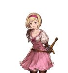  1girl arms_behind_back blonde_hair brown_eyes djeeta_(granblue_fantasy) dress gauntlets granblue_fantasy headband juliet_sleeves long_sleeves looking_at_viewer minaba_hideo open_mouth puffy_sleeves short_dress short_hair smile solo thigh-highs transparent_background weapon zettai_ryouiki 