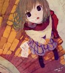  1girl :o backpack bag black_eyes breath brown_hair from_above long_hair looking_up maij mittens night open_mouth original outdoors perspective plaid plaid_skirt reflective_eyes scarf shoes skirt sneakers solo stairs star star_(sky) sweater ticket winter winter_clothes 