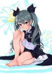  1girl anchovy bare_legs barefoot black_cape black_necktie black_ribbon black_skirt cape closed_mouth collared_shirt eyebrows_visible_through_hair feet floral_background full_body girls_und_panzer green_hair hair_ribbon highres kabotya_to_rantan knee_up long_hair long_sleeves miniskirt necktie pantyhose pantyhose_pull ribbon shirt sitting skirt smile solo toes twintails white_legwear white_shirt wing_collar 