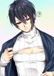  1boy ? blue_eyes blue_hair cleavage_cutout closed_mouth gradient gradient_background lips looking_down male_focus mikazuki_munechika open-chest_sweater pectorals ribbed_sweater solo spoken_question_mark sweater touken_ranbu turtleneck 