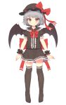  1girl bat_wings black_legwear blush fang full_body hat highres looking_at_viewer mob_cap red_eyes remilia_scarlet shone short_hair short_sleeves simple_background sketch skirt smile solo thigh-highs touhou white_background wings 