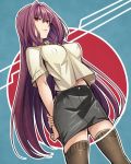  1girl arms_behind_back breasts brown_legwear fate/grand_order fate_(series) hand_on_own_arm highres large_breasts long_hair looking_at_viewer miniskirt navel no_bra parted_lips pencil_skirt purple_hair red_eyes scathach_(fate/grand_order) shimo_(s_kaminaka) shirt skirt smile solo t-shirt thigh-highs very_long_hair zettai_ryouiki 