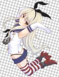  anchor anchor_hair_ornament arms_up black_panties blonde_hair brown_eyes crop_top elbow_gloves gloves hair_ornament hairband highleg highleg_panties jumping kantai_collection leafy_(kitsuneya) long_hair looking_at_viewer microskirt panties sailor_collar shimakaze_(kantai_collection) skirt striped striped_legwear thigh-highs thong underwear white_gloves 