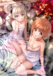  2girls alternate_hairstyle amakusa_tobari bangs bare_legs barefoot bathing blush breasts brown_eyes brown_hair cleavage commentary_request double_bun flat_chest from_above girls_und_panzer hair_ribbon hair_up light_brown_eyes light_brown_hair long_hair looking_at_viewer looking_up medium_breasts multiple_girls naked_towel nishizumi_miho nude onsen open_mouth partially_submerged ribbon rock shimada_arisu short_hair sitting smile towel twitter_username wading wariza water wet yokozuwari 