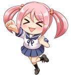  &gt;_&lt; 1girl :d chibi closed_eyes hair_bobbles hair_ornament kantai_collection kneehighs long_hair looking_at_viewer nichika_(nitikapo) open_mouth pink_hair pleated_skirt raised_fist sazanami_(kantai_collection) school_uniform serafuku shoes simple_background skirt smile solo twintails white_background xd 