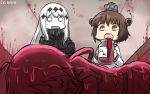  3girls :3 aircraft_carrier_water_oni black_gloves brown_hair commentary dated flying_sweatdrops gloves hair_ornament hallway hamu_koutarou headgear highres jam jar kako_(kantai_collection) kantai_collection long_hair multiple_girls neckerchief open_mouth shinkaisei-kan sleeping solid_circle_eyes teruyof turtleneck white_hair yukikaze_(kantai_collection) 