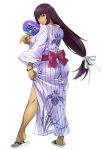  1girl artist_request ass black_hair bracelet character_request fan floral_print full_body heel_raised highres holding_fan japanese_clothes jewelry kimono long_hair long_sleeves looking_at_viewer low-tied_long_hair official_art paper_fan parted_lips sandals simple_background solo standing striped super_robot_wars super_robot_wars_x-omega tsurime uchiwa vertical_stripes white_background yukata 