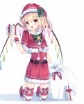  1girl :d alternate_costume bangs belt belt_buckle blonde_hair blush bow box buckle capelet crystal demon_wings dress eyebrows_visible_through_hair flandre_scarlet full_body garter_straps gift gift_box green_bow hat hat_bow hat_ornament head_tilt highres holding holding_gift kneeling looking_at_viewer open_mouth pom_pom_(clothes) rainbow_order red_bow red_dress red_eyes red_hat sack santa_costume santa_hat shiero. short_dress simple_background smile solo striped striped_bow striped_legwear thigh-highs touhou white_background wings wrist_cuffs zettai_ryouiki 