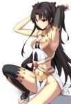  1girl adjusting_hair armlet armpits arms_up bare_legs bare_shoulders barefoot black_hair breasts bridal_gauntlets crown earrings fate/grand_order fate_(series) female gem hair_ribbon highres hirame_sa hoop_earrings ishtar_(fate/grand_order) jewelry legs long_hair looking_at_viewer medium_breasts navel navel_cutout neck red_eyes revealing_clothes ribbon simple_background single_elbow_glove single_glove single_thighhigh sitting smile solo strapless thigh-highs toeless_socks tohsaka_rin toosaka_rin two_side_up white_background 