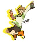  1girl arm_up black_shorts boots brown_eyes brown_hair character_name clenched_hand drop_shadow hyakujuu-ou_golion jumping kaemonn long_sleeves pidge_gundarsson reverse_trap shorts simple_background smile voltron:_legendary_defender white_background 