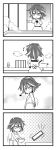  1girl 4koma apron ass bow bowl chibi comic cooking from_behind heart horns jeno kijin_seija monochrome multicolored_hair naked_apron phone pot silent_comic solo stove touhou two-tone_hair 