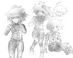  1boy ahoge android arm_up blush body_armor dangan_ronpa expressions greyscale heart_ahoge keebo looking_at_viewer magatatara male_focus monochrome new_dangan_ronpa_v3 ringed_eyes simple_background sitting solo sweat white_background 