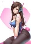  1girl adapted_costume arm_tattoo bangs bare_shoulders between_legs breasts brown_eyes brown_hair brown_legwear bunny_tail bunny_tattoo bunnysuit character_name cleavage closed_mouth d.va_(overwatch) eyelashes facepaint facial_mark from_side hand_between_legs headphones highleg highleg_leotard highres large_breasts leotard lips long_hair looking_at_viewer overwatch pantyhose pink_lips purple_leotard signature sitting solo strapless strapless_leotard swept_bangs tail tattoo tracyton whisker_markings wrist_cuffs 