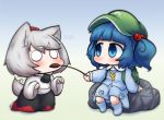  &gt;:c 2girls animal_ears artist_name backpack bag blue_eyes blue_hair boots cattail chibi gradient gradient_background hair_bobbles hair_ornament hat inubashiri_momiji inunoko. kawashiro_nitori key kneeling long_sleeves looking_at_another mouth_hold multiple_girls o_o orange_eyes paw_pose plant signature simple_background sitting sitting_on_rock skirt socks tail tail_wagging tokin_hat touhou twintails white_hair wolf_ears wolf_tail 