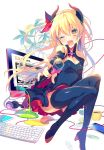  1girl :3 ;d black_dress blonde_hair blush boots bow cable cape cd coffee_cup cup demon_horns dress fang hair_ornament hair_ribbon headphones high_heel_boots high_heels horns keyboard long_hair looking_at_viewer maou_haishinchuu!? microphone monitor mouse mousepad one_eye_closed open_mouth original plant reia ribbon simple_background smile solo star star-shaped_pupils symbol-shaped_pupils thigh-highs thigh_boots two_side_up white_background yellow_eyes 