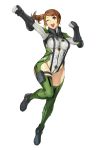  1girl arms_up bodysuit brown_eyes brown_hair clenched_hands full_body gloves hair_ornament hairclip highres long_hair olive_oppert one_eye_closed open_mouth round_teeth side_ponytail simple_background solo super_robot_wars super_robot_wars_x-omega suspenders teeth white_background 