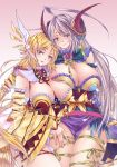  2girls ahoge bare_shoulders between_breasts blonde_hair blue_eyes breasts butterfly cleavage curvy detached_sleeves dragon_girl dragon_horns eyeliner facial_mark forehead_mark frilled_sleeves frills grey_hair highres horns huge_ahoge huge_breasts japanese_clothes kanna_(p&amp;d) long_hair looking_at_viewer makeup multiple_girls parted_lips puzzle_&amp;_dragons ribbon roy_(pixiv992911) sitting skindentation smile very_long_hair violet_eyes wide_hips wide_sleeves 