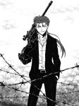  1boy alternate_costume barbed_wire black_gloves earrings fate/stay_night fate_(series) formal gloves greyscale gun highres jewelry kuroguro lancer looking_at_viewer monochrome ponytail rifle smile sniper_rifle solo suit weapon 