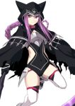  1girl braid breastplate cloak collar covered_navel fate/grand_order fate_(series) hirame_sa holding holding_weapon hood hooded_cloak long_hair medusa_(lancer)_(fate) purple_hair rider scythe simple_background solo thigh-highs violet_eyes weapon white_background white_legwear 