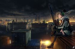  1girl black_legwear bullpup city cityscape crane crate fingerless_gloves gloves green_eyes grey_hair gun hair_ribbon harbor headset jersey knee_up long_hair looking_at_viewer night night_sky ocean operator original ponytail ribbon rifle scarf scenery ship sitting skirt sky sniper_rifle suppressor thigh-highs vest walther water watercraft weapon you_(shimizu) zettai_ryouiki 