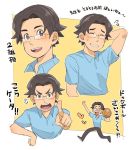  1boy arm_behind_head blush brown_hair character_sheet expressions extra glasses hair_intakes male_focus outside_border pointing pointing_at_viewer polo_shirt short_hair solo upper_body white_background yatsuharuroji youkai_watch 