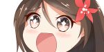  1girl amagi_(kantai_collection) blush brown_eyes brown_hair eyebrows_visible_through_hair flower hair_between_eyes hair_flower hair_ornament kantai_collection long_hair looking_at_viewer open_mouth ponytail portrait simple_background sin-poi sparkling_eyes symbol-shaped_pupils tongue 