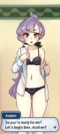  1girl black_bra black_panties black_ribbon blush bra breasts character_name earrings english hair_ribbon highres jewelry lila_(pokemon) long_hair long_sleeves looking_at_viewer low_ponytail monorus navel open_clothes open_shirt panties pokemon pokemon_(game) pokemon_sm ponytail pov purple_hair ribbon shirt small_breasts solo underwear undressing violet_eyes white_shirt 