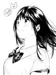  1girl ayase_totsuki bangs black_hair blush breasts collared_shirt from_side greyscale highres large_breasts long_hair looking_up monochrome original shirt short_sleeves smile solo upper_body wind 