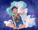  1boy barefoot black_hair green_eyes indian_style male_focus male_protagonist_(pokemon_sm) pokemon pokemon_(creature) pokemon_(game) pokemon_sm primarina saotake short_hair shorts simple_background sitting star starry_background tan tank_top 