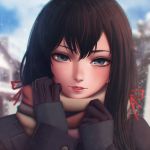  1girl artist_name bangs black_gloves blue_eyes blue_sky brown_hair chromatic_aberration close-up coat dark_brown_hair day female gloves hair_between_eyes hair_ribbon highres house long_hair long_sleeves looking_at_viewer naoko_(naoko00) nature nose outdoors parted_lips plant portrait red_ribbon ribbon scarf sky snowing solo teeth twitter_username upper_body yahari_ore_no_seishun_lovecome_wa_machigatteiru. yukinoshita_yukino 