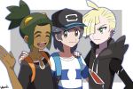  3boys arm_around_shoulder arm_up backpack bag bangs_pinned_back black_hair black_shirt blonde_hair closed_eyes dark_skin dark_skinned_male gladio_(pokemon) green_eyes green_hair grey_eyes hair_ornament hairclip hau_(pokemon) hood hoodie kuruto. looking_at_another male_focus male_protagonist_(pokemon_sm) multiple_boys npc npc_trainer outside_border pokemon pokemon_(game) pokemon_sm shirt short_hair smile striped striped_shirt t-shirt topknot 