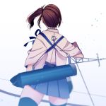  1girl bow_(weapon) brown_hair from_behind hair_tie japanese_clothes kaga_(kantai_collection) kantai_collection nape pleated_skirt quiver side_ponytail skirt solo tanaka_io_(craftstudio) tasuki thigh-highs weapon yugake yumi_(bow) zettai_ryouiki 