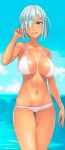  1girl alternate_costume bikini blue_eyes breasts collarbone grin hair_ornament hair_over_one_eye hairclip halterneck hamakaze_(kantai_collection) kantai_collection large_breasts navel shiny shiny_skin short_hair silver_hair skindentation smile solo swimsuit tan thigh_gap water white_bikini yuuji_(and) 