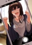  1girl akuan_(7jackpot7) black_hair blue_eyes blush breasts cellphone clenched_hands commentary_request hairband highres idolmaster idolmaster_cinderella_girls long_hair open_mouth phone sagisawa_fumika smartphone solo sweater viewfinder 