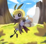  :o antennae blue_sky blurry brown_scarf clouds depth_of_field field flower flower_field flying insect insect_wings no_humans open_mouth outdoors pokemon pokemon_(creature) pokemon_(game) pokemon_sm ribombee scarf sky solo sparkling_eyes wings 