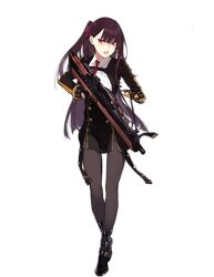  1girl belt bipod black_legwear blazer blush bow braid bullpup buttons eyebrows eyebrows_visible_through_hair framed_breasts full_body girls_frontline gloves gun hair_bow hair_ribbon highres holding holding_gun holding_weapon jacket long_hair looking_at_viewer necktie nose_blush official_art one_side_up open_mouth pantyhose personification purple_hair red_eyes red_necktie red_ribbon ribbon rifle scope side_ponytail sniper_rifle solo standing strap thigh-highs transparent_background trigger_discipline tsundere underbust uniform very_long_hair wa2000_(girls_frontline) walther weapon 