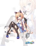  &gt;:d 1girl :d anchor_symbol animal_ears arm_support asymmetrical_legwear black_legwear blonde_hair blue_eyes blue_shoes blue_skirt blush breasts broken buttons cannon choker cleavage collarbone copyright_name corset damaged dyson_(zhan_jian_shao_nyu) fake_animal_ears fang frilled_skirt frills full_body hasu_(velicia) highres holding holding_weapon knees_together_feet_apart knees_up long_hair looking_at_viewer machinery miniskirt official_art open_mouth pleated_skirt rudder_shoes sailor_collar shoes sitting skindentation skirt smile smoke solo tail thigh-highs thigh_strap torn_clothes torpedo turret vest weapon white_vest zhan_jian_shao_nyu zoom_layer 