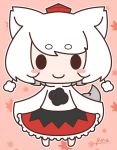  1girl animal_ears bangs black_eyes blush_stickers c: chibi hat inubashiri_momiji inunoko. maple_leaf_print o_o pink_background pom_pom_(clothes) short_hair signature skirt tail tokin_hat touhou white_hair wolf_ears wolf_tail 