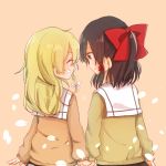  2girls :o ^_^ alternate_costume black_hair blonde_hair blush bow brown_eyes closed_eyes couple face-to-face grin hair_bow hair_ribbon hakurei_reimu hand_holding kirisame_marisa kosencha large_bow long_hair multiple_girls petals ribbon school_uniform short_hair skirt smile sweater_vest touhou yuri 