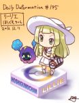  1girl bag blonde_hair braid chibi cosmog dress duffel_bag faux_figurine fushigi_ebi green_eyes hat isometric lillie_(pokemon) long_hair pokemon pokemon_(creature) pokemon_(game) pokemon_sm sleeveless sleeveless_dress sun_hat twin_braids white_dress white_hat 