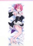  1girl armpits bare_legs barefoot bed_sheet black_ribbon blue_ribbon breasts dakimakura detached_sleeves dress feet from_above garter_straps hair_between_eyes hair_ribbon highres lace_border looking_at_viewer lying maid neck_ribbon official_art on_side ram_(re:zero) re:zero_kara_hajimeru_isekai_seikatsu red_eyes redhead ribbon short_hair sleeveless sleeveless_dress small_breasts solo thighhighs_removed toes 