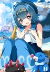  1girl araquanid beach blue_eyes blue_hair blue_pants blue_sky blush bright_pupils chinchou clouds day hairband hidaka0503 highres lapras looking_at_viewer ocean one-piece_swimsuit open_mouth pants pokemon pokemon_(creature) pokemon_(game) pokemon_sm popplio pyukumuku sailor_collar sand short_hair sky suiren_(pokemon) swimsuit swimsuit_under_clothes trial_captain water 