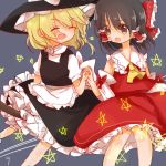  &gt;:d 2girls :d :o ^_^ apron black_hair blush bow broom broom_riding brown_eyes closed_eyes couple hair_bow hakurei_reimu hat interlocked_fingers kirisame_marisa kosencha large_bow multiple_girls open_mouth short_hair side-by-side skirt skirt_set smile star touhou turtleneck vest waist_apron witch_hat yuri 