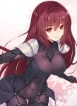  1girl artist_request bodysuit breasts covered_navel fate/grand_order fate_(series) gae_bolg holding holding_weapon large_breasts long_hair looking_at_viewer navel pauldrons polearm purple_bodysuit purple_hair red_eyes sakuraminto scathach_(fate/grand_order) simple_background smile solo spear weapon 