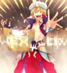  &gt;:d 1boy :d arabian_clothes blonde_hair fate/grand_order fate_(series) gilgamesh gilgamesh_(caster)_(fate) highres male_focus open_mouth ponita red_eyes runes smile solo stone_tablet sumerian turban wall 