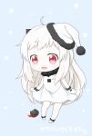  1girl :d ahoge blue_background chibi dress enemy_aircraft_(kantai_collection) female full_body hat highres horns kantai_collection long_hair looking_at_viewer mittens northern_ocean_hime open_mouth red_eyes santa_hat shinkaisei-kan simple_background smile solo tomohiro_(39tomo39) translation_request white_dress white_hair white_skin 
