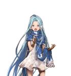  1girl blue_eyes blue_hair dress earmuffs granblue_fantasy long_hair looking_at_viewer lyria_(granblue_fantasy) minaba_hideo open_mouth scarf solo thigh_strap white_dress 