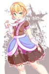  1girl :o arm_warmers bad_hands blonde_hair blush body_blush breasts error furim green_eyes highres looking_at_viewer mizuhashi_parsee open_mouth pointy_ears robe scarf short_hair skirt small_breasts solo touhou 