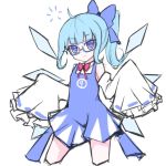  1girl ahoge alternate_hairstyle blue_dress blue_eyes blue_hair bow bowtie cirno contrapposto detached_sleeves dress glasses hair_bow ice ice_wings ponytail short_dress sleeveless sleeveless_dress sleeves_past_wrists smile touhou vils wings 